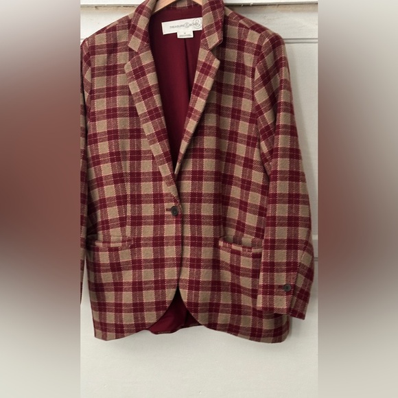 TREASURE & BOND Blazer jacket Burgundy red Tan Plaid academia boyfriend M - Picture 2 of 3